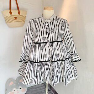Black White Stripe Rose Print Tiered Shirt Dress